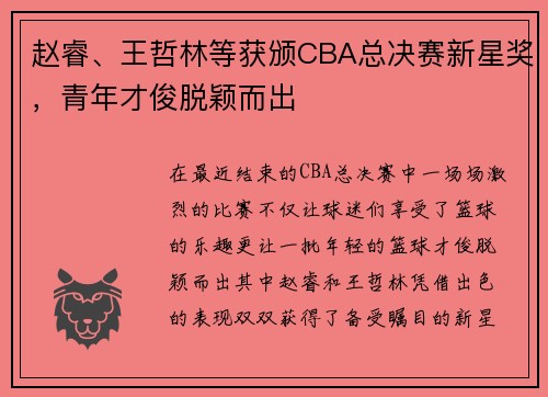 赵睿、王哲林等获颁CBA总决赛新星奖，青年才俊脱颖而出